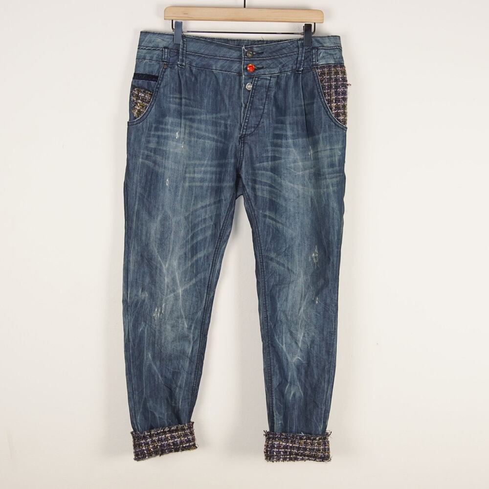 Desigual Straight Leg Cuff Crop Plaid Applique Patch Mid Rise Blue Jeans Sz 32